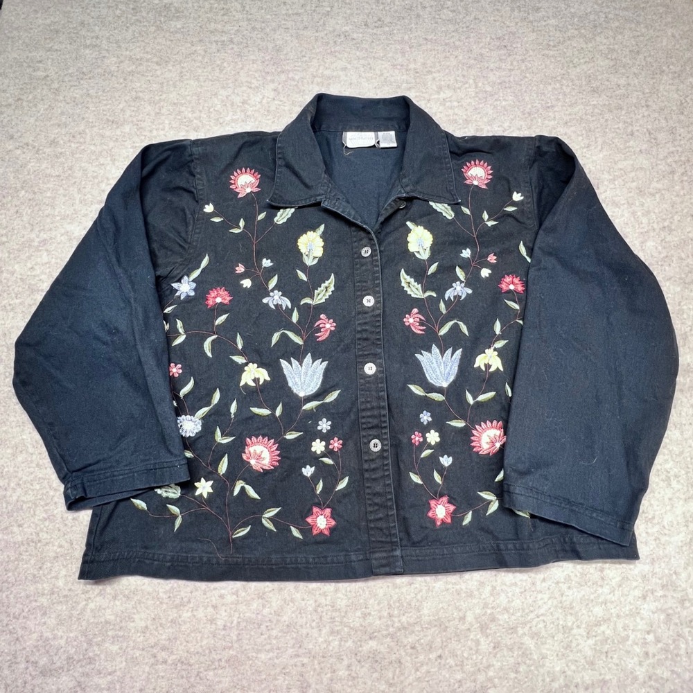 New Identity Floral Embroidered Jacket Womens 2X Black Cotton Excellent Shacket
